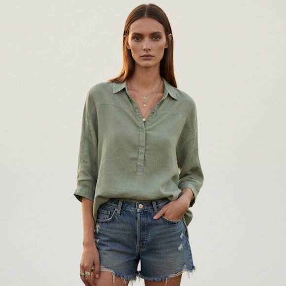 Nico Nico Tops - Nico Nico Army Green Buttoned Half Sleeve Linen Blend Top Size Small